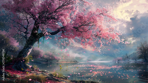 A cherry blossom tree stands by the river, with pink petals falling all over it and floating on the water surface. The background is a cloudy sky and distant mountains, creating a fantasy atmosphere