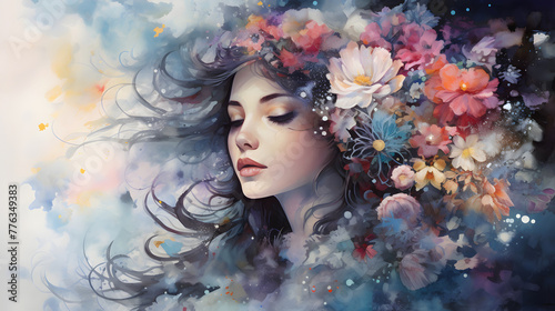 Artistic illustration of a woman with flowers in her hair, blending with a dreamy, ethereal background