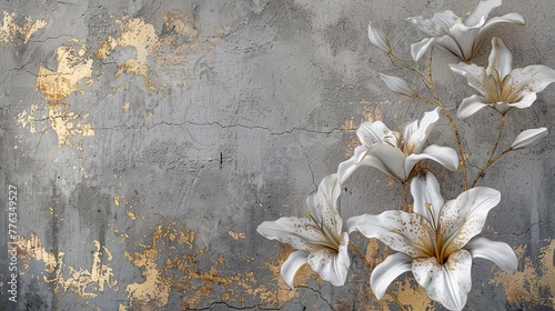 White lilies on an old concrete wall with gold elements. © MiaStendal