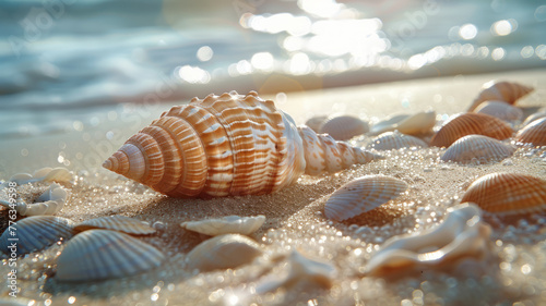 A seashell on a sunny beach with more shells © SashaMagic