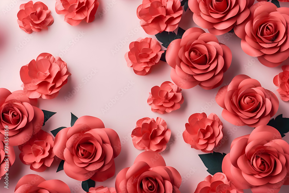 Flowers composition. Pattern made of red roses on pink background. Flat lay. top view. copy space