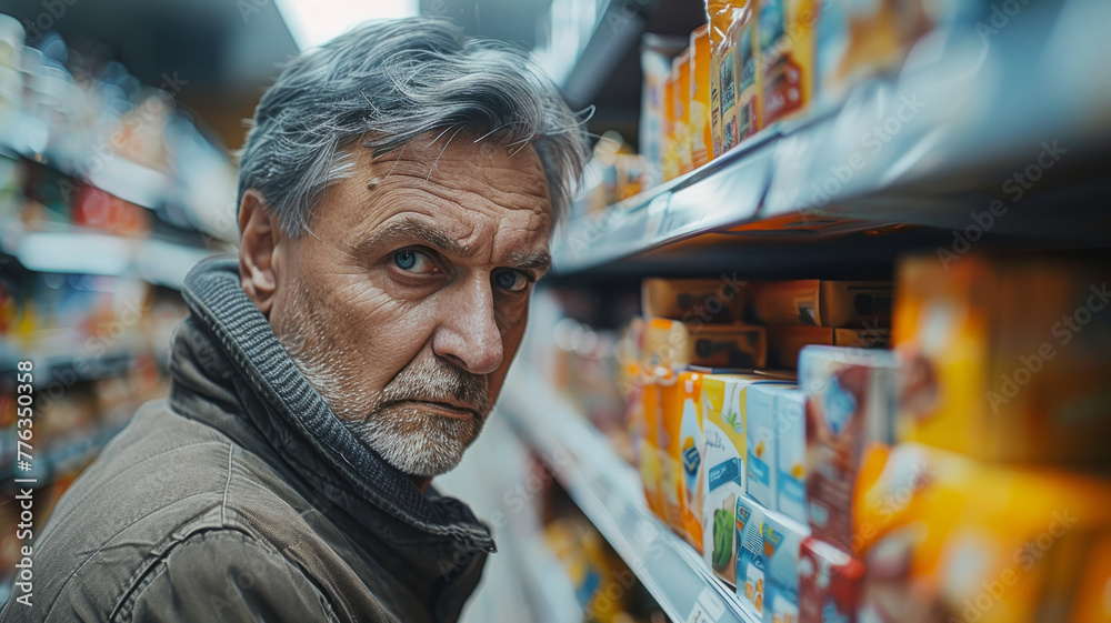 Man looking at grocery shelf.