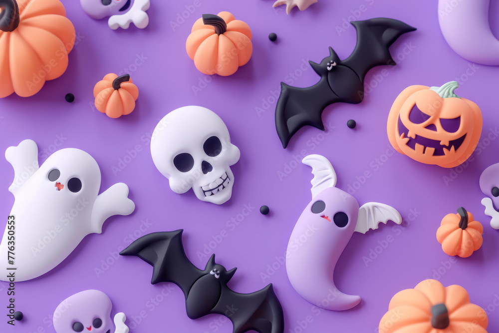 halloween celebration elements with cute ghosts and pumpkins on purple