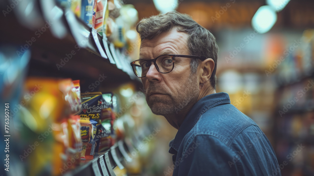 Man looking confused in grocery store aisle
