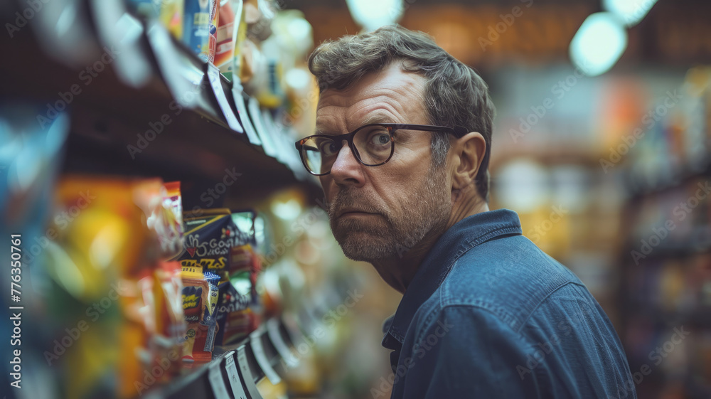 Man looking confused in grocery store aisle Man looking confused in grocery store aisle