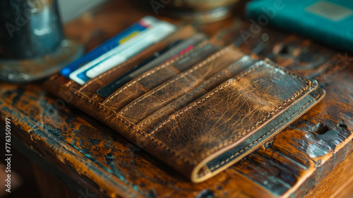 A leather wallet with cards on a wooden table.