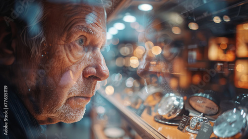 Elderly man gazing at watches in a shop photo
