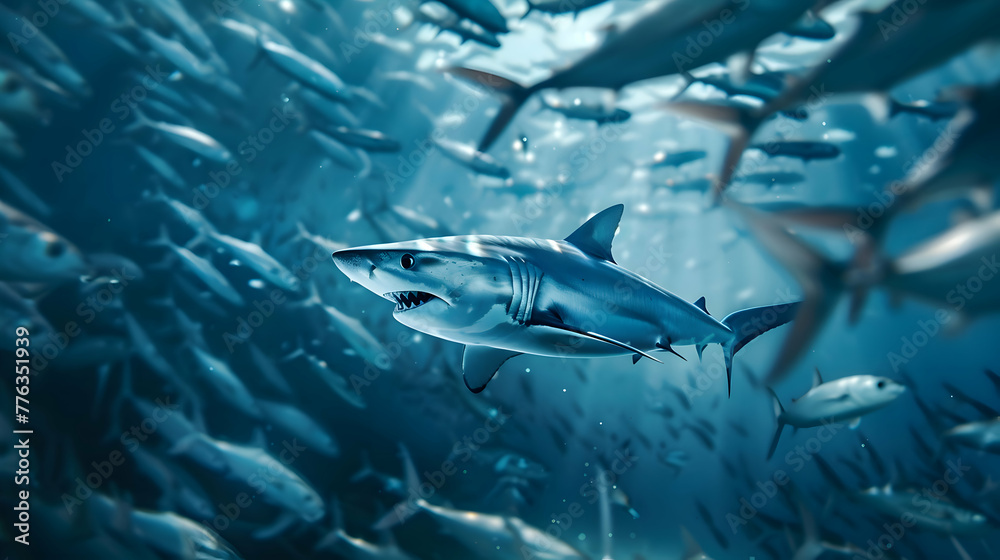 Naklejka premium An agile mako shark darting through a school of shimmering fish, its streamlined form contrasting against the abstract patterns of light and shadow, with copy space.