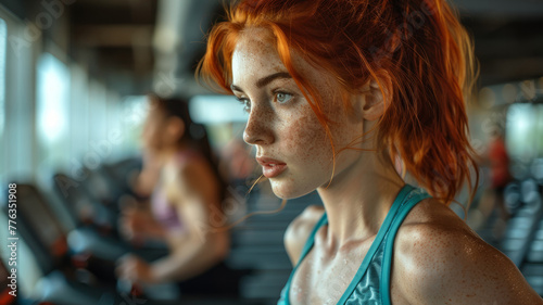 Red-haired woman working out in gym