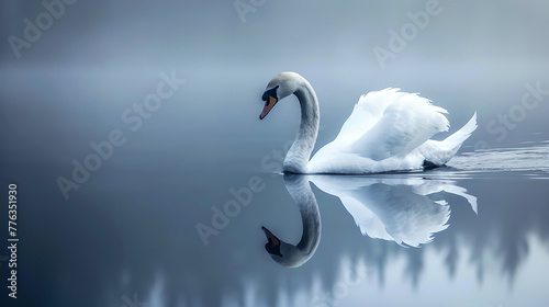 Fototapeta Naklejka Na Ścianę i Meble -  white swan swimming on silent calm blue grey foggy water

