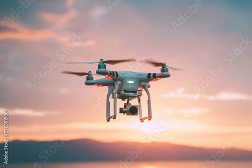 A drone hovers against a dusk sky backdrop, its camera pointed forward, ready to capture the world below in the fading light. photo