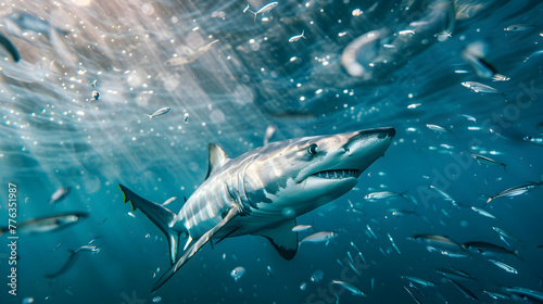 An agile mako shark darting through a school of shimmering fish  its streamlined form contrasting against the abstract patterns of light and shadow  with copy space