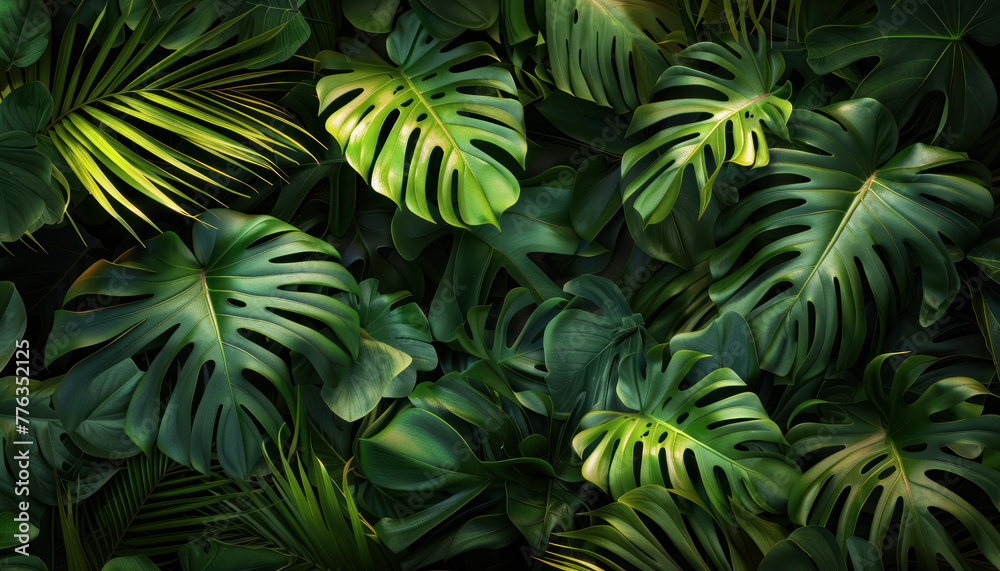 dense tropical green monstera leaves pattern for natural background