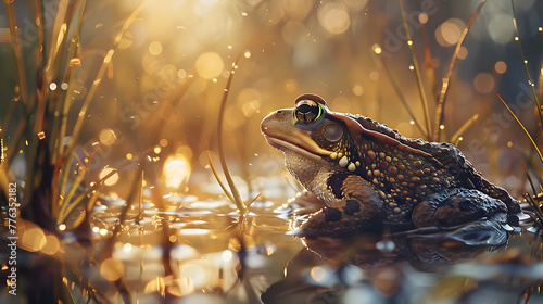 An alert toad sitting amidst tall grasses near a bubbling stream, with copy space and a blurred background showcasing the natural habitat