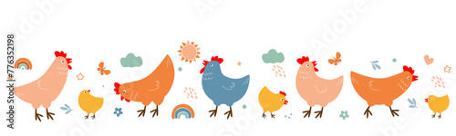 Set of cute abstract hens with chicks and abstract elements, sun, flowers, butterflies. Vector graphics.