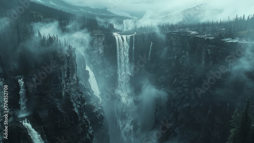 A misty, expansive waterfall in a rugged landscape.