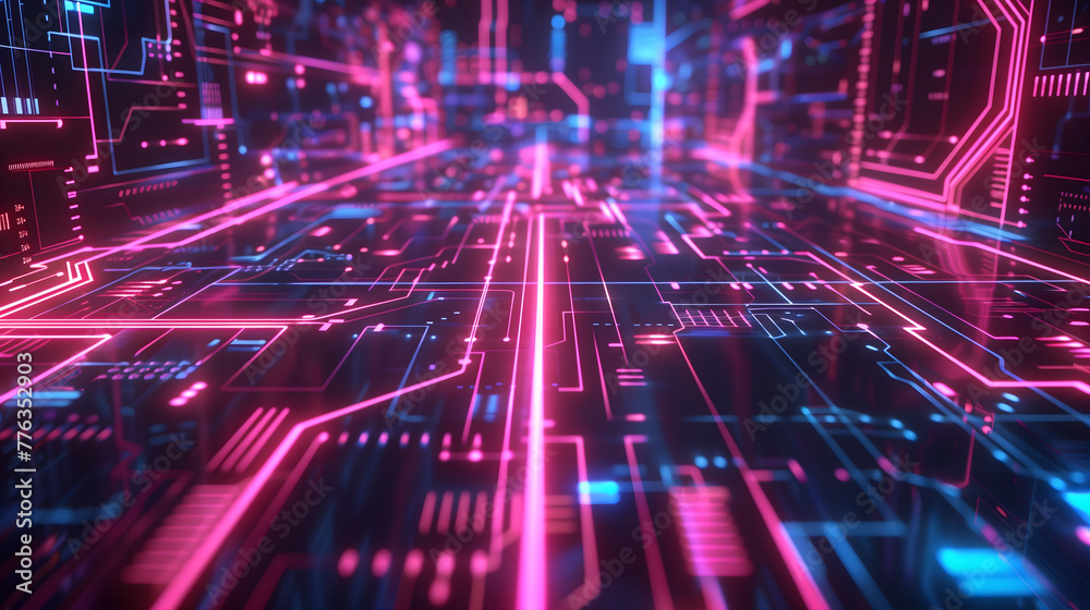 A neon pink and blue circuit board background with glowing lines and digital patterns, creating an immersive cyberpunk atmosphere for tech-themed designs. A high-tech and futuristic concept A neon pink and blue circuit board background with glowing lines and digital patterns, creating an immersive cyberpunk atmosphere for tech-themed designs. A high-tech and futuristic concept
