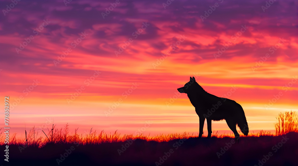 An artistic silhouette of a wolf against a colorful sunset sky, with ample space for text below the horizon An artistic silhouette of a wolf against a colorful sunset sky, with ample space for text below the horizon
