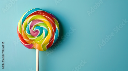 colorful curled, ringed swirl lollipop on a stick on pastel colored light blue background with empty space for text