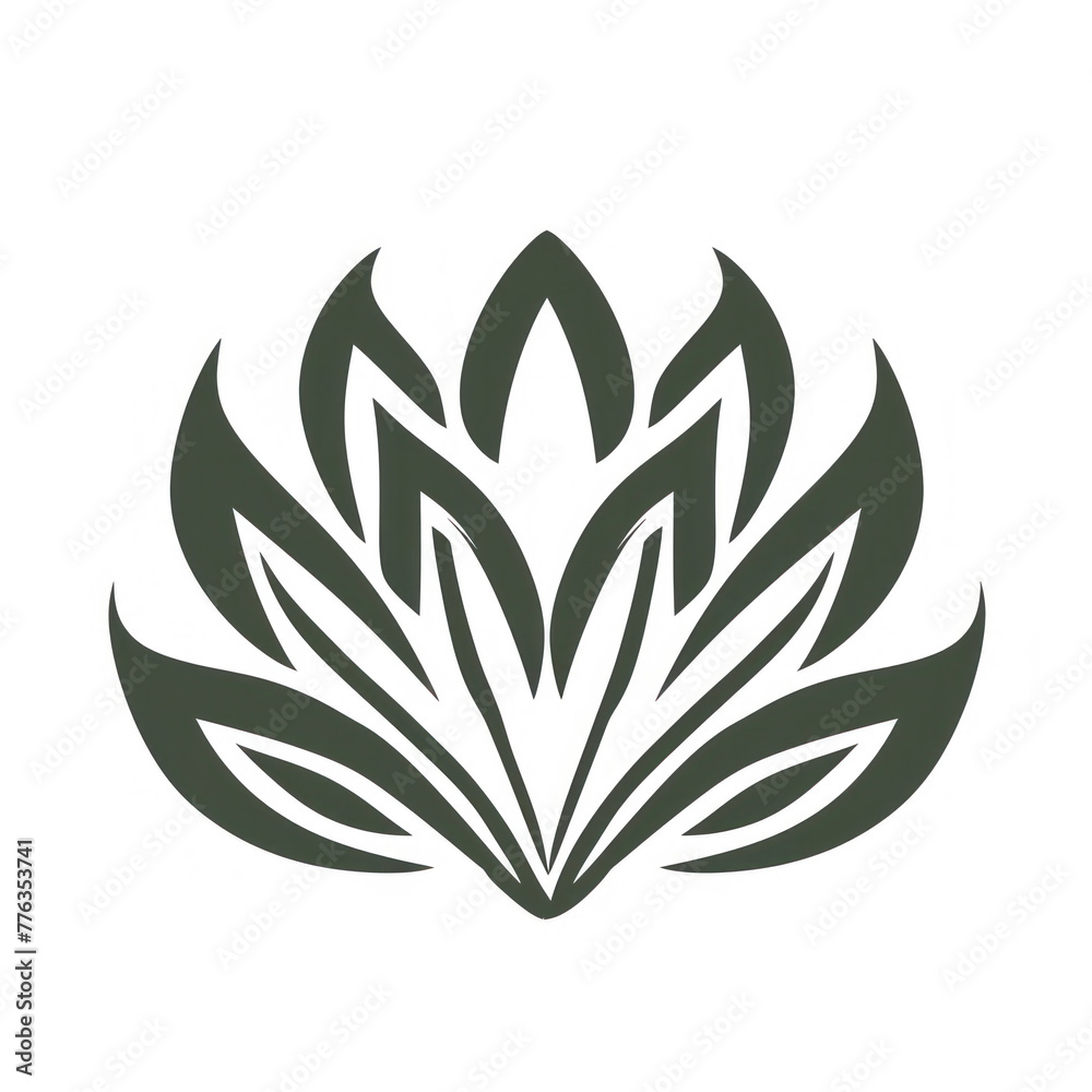 A stylized graphic of a lotus flower, composed of symmetrical leaf-like shapes in shades of green, representing growth, purity, or a yoga motif.