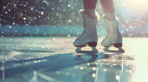 female ice skater: close up of blades and legs on indoor field