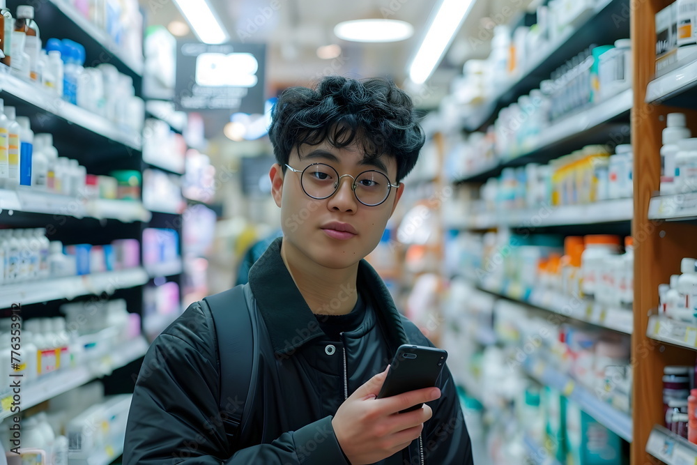 asian man standing between the isles in a pharmacy asian man standing between the isles in a pharmacy