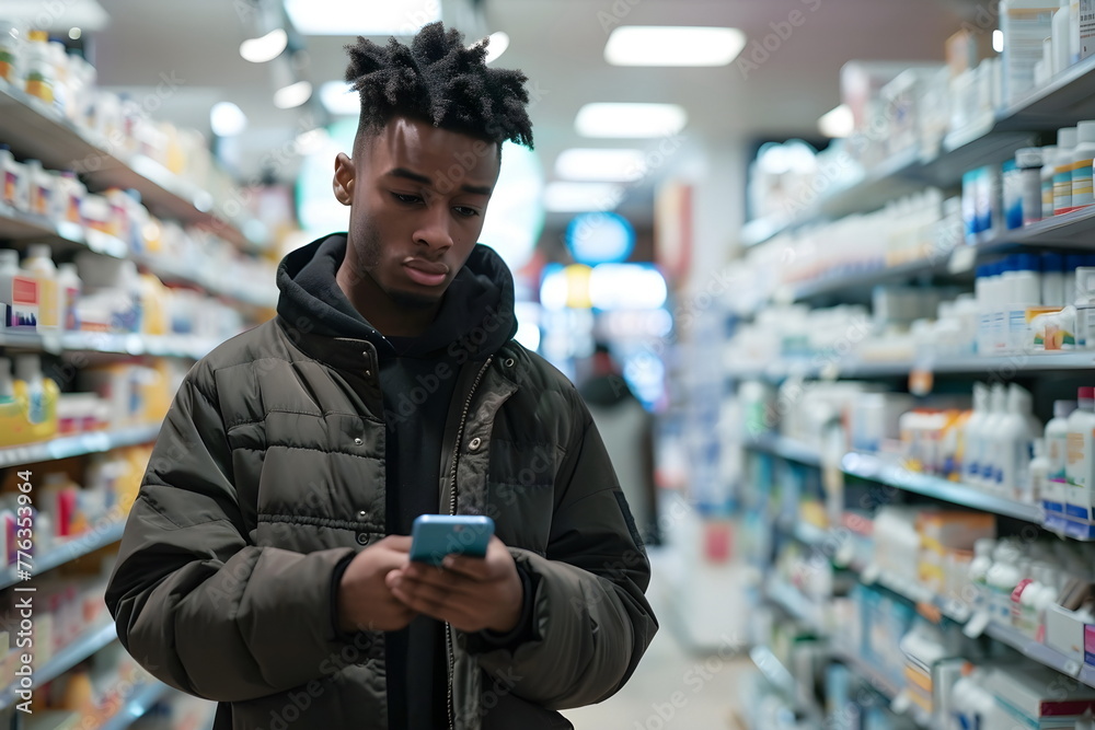 Obraz premium African male standing between the isles in a pharmacy