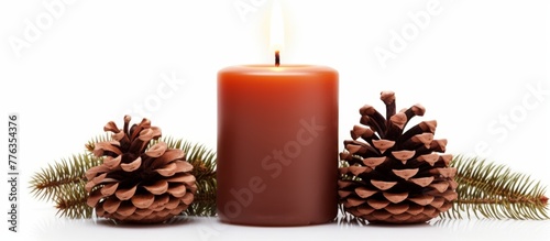 An up-close view of a decorative candle with natural pine cones and a small branch for added charm