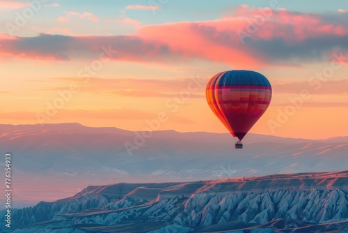 Hot Air Balloon Flight at Sunset. A Colorful Journey over the Famous Landmarks and Mountain Caves © Serhii
