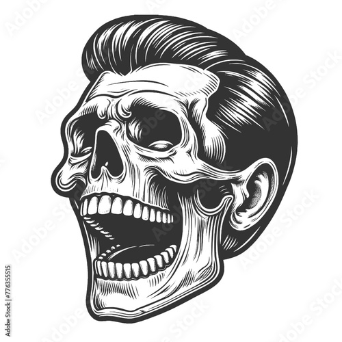 skull with laughing screaming expression and a classic pompadour hairstyle sketch engraving generative ai fictional character vector illustration. Scratch board imitation. Black and white image.