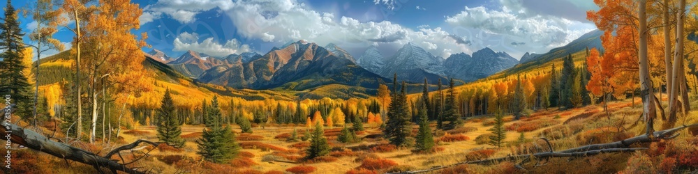 Fall Landscape of Rocky Mountains: Panoramic View of Rocky Wilderness Surrounded by Forest, Trees, and Woods of Nature