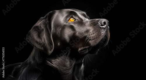 portrait of a black labrador dog, photo studio set up with key light, isolated with black background and copy space © Никита Филитов