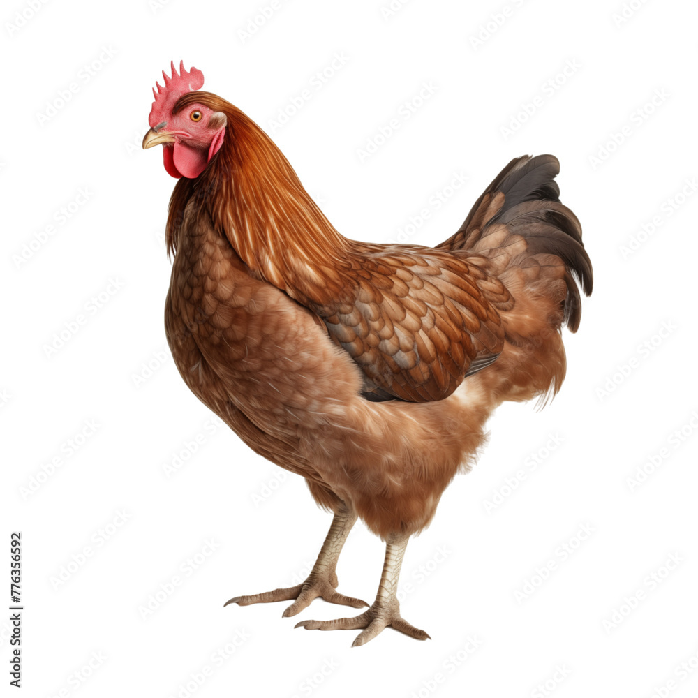 Full body of brown chicken isolated on transparent background