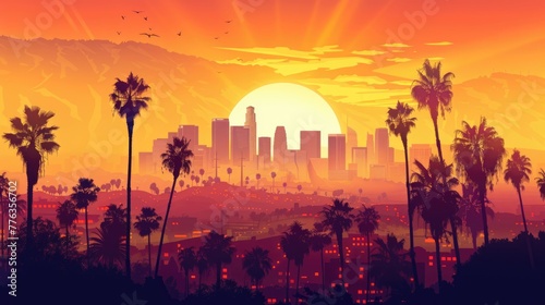 Skyline at Sunset with Palm Trees in Foreground. Cityscape with Skyscrapers and Architecture, Horizontal