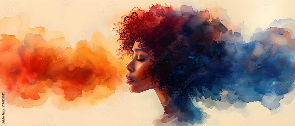 Watercolor profile of a woman celebrating International Womens Day and feminism. Concept Watercolor Portraits, Feminism, International Women's Day, Feminine Strength, Artistic Representation - obrazy, fototapety, plakaty 