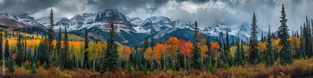 Panoramic View of Rocky Mountains in Fall - Stunning Landscape with Rocky Terrain, Lush Trees and Forest in Wilderness