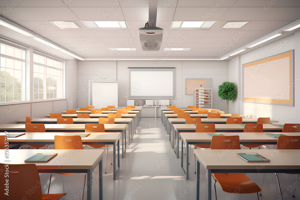 Interior of a classroom with orange chairs and whiteboard. 3d rendering Interior of a classroom with orange chairs and whiteboard. 3d rendering