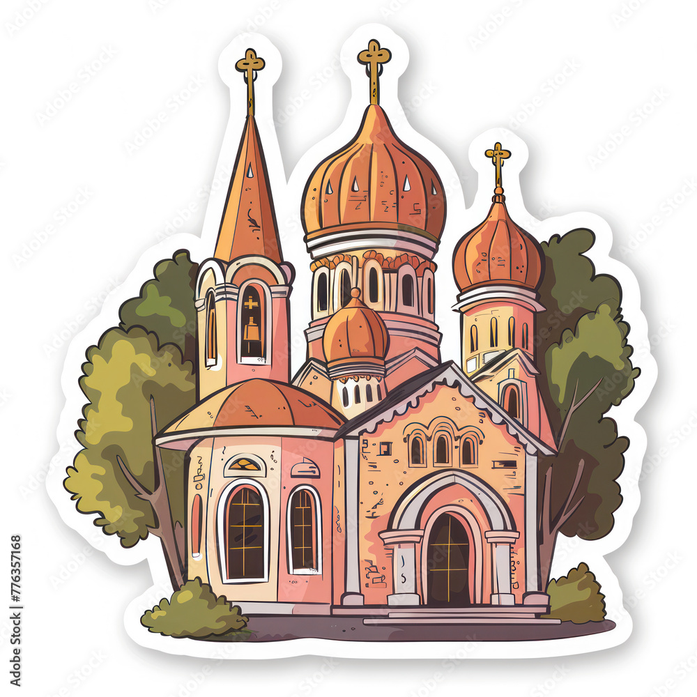 Fototapeta premium A sticker design of a traditional church with distinctive orange domes nestled amongst green trees, invoking a sense of spiritual peace and architectural beauty.