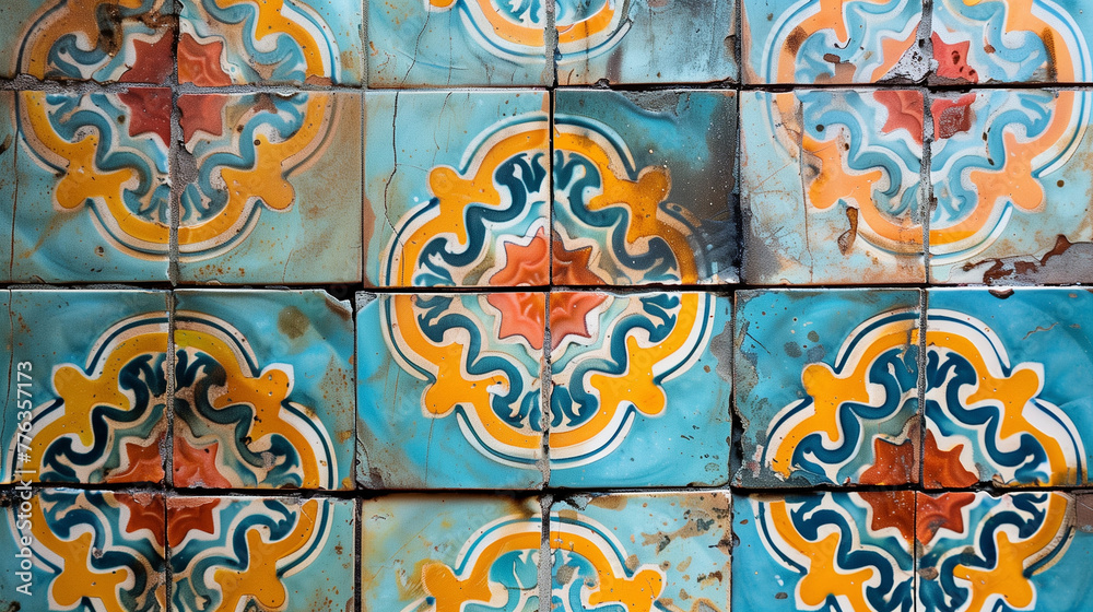Traditional Ceramic Tile with Ornament Style Blue Orange