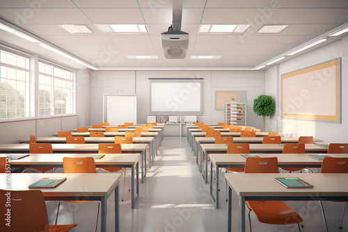 Interior of a classroom with orange chairs and whiteboard. 3d rendering