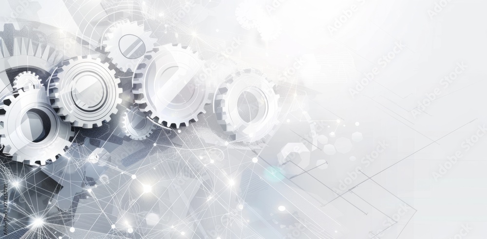Abstract grey and white background with gears, high-tech digital elements for business technology banner design Generative AI