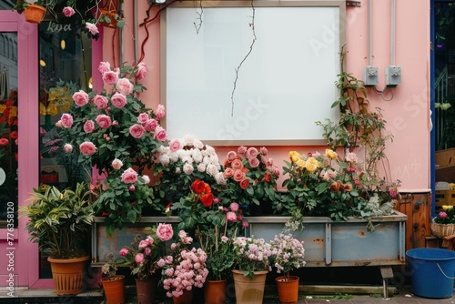 street outdoor flower shop with blank pillboard