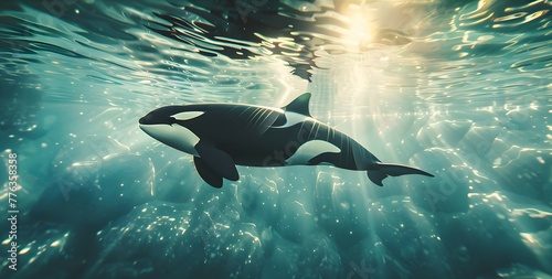 Elegant orca gracefully swimming through crystal-clear waters, with the sunlight casting mesmerizing patterns on its sleek black and white skin, against a blurred seascape © MistoGraphy