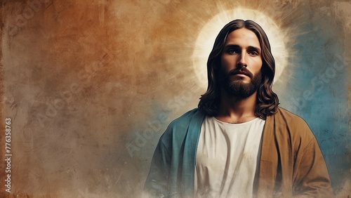 Portrait of Jesus Christ on abstract grunge background. Digital painting with copy space for text or image