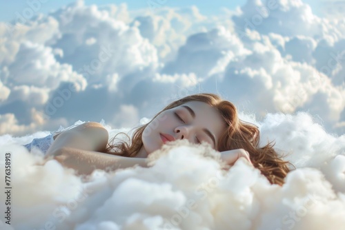 Young beautiful woman sleeping on a cloud up in the sky