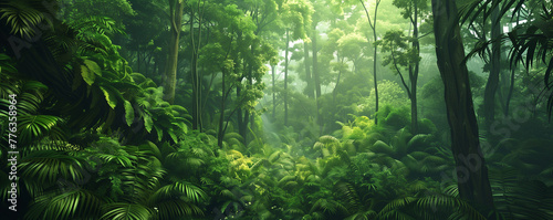 Dense jungle, wild forest with trees and tropical plants, green wilderness, adventure on rainforest, panoramic, generative ai © emilio100