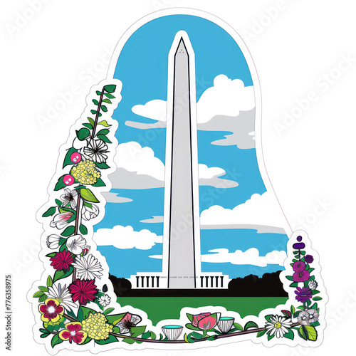 A die-cut sticker with a graphic of the Washington Monument, surrounded by colorful floral designs against a blue sky with white clouds.