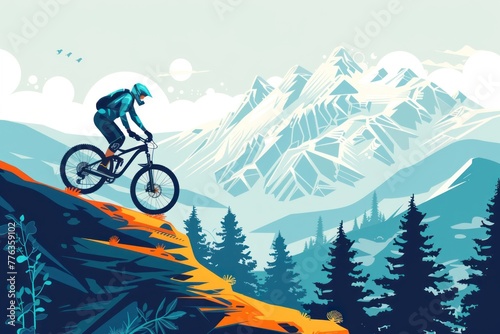 Extreme mountain biker banner. Cyclist riding a bicycle on a mountain bike trail