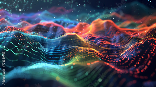 Abstract digital background with colorful glowing dots and wavy lines forming waves of data or sound, creating an otherworldly landscape