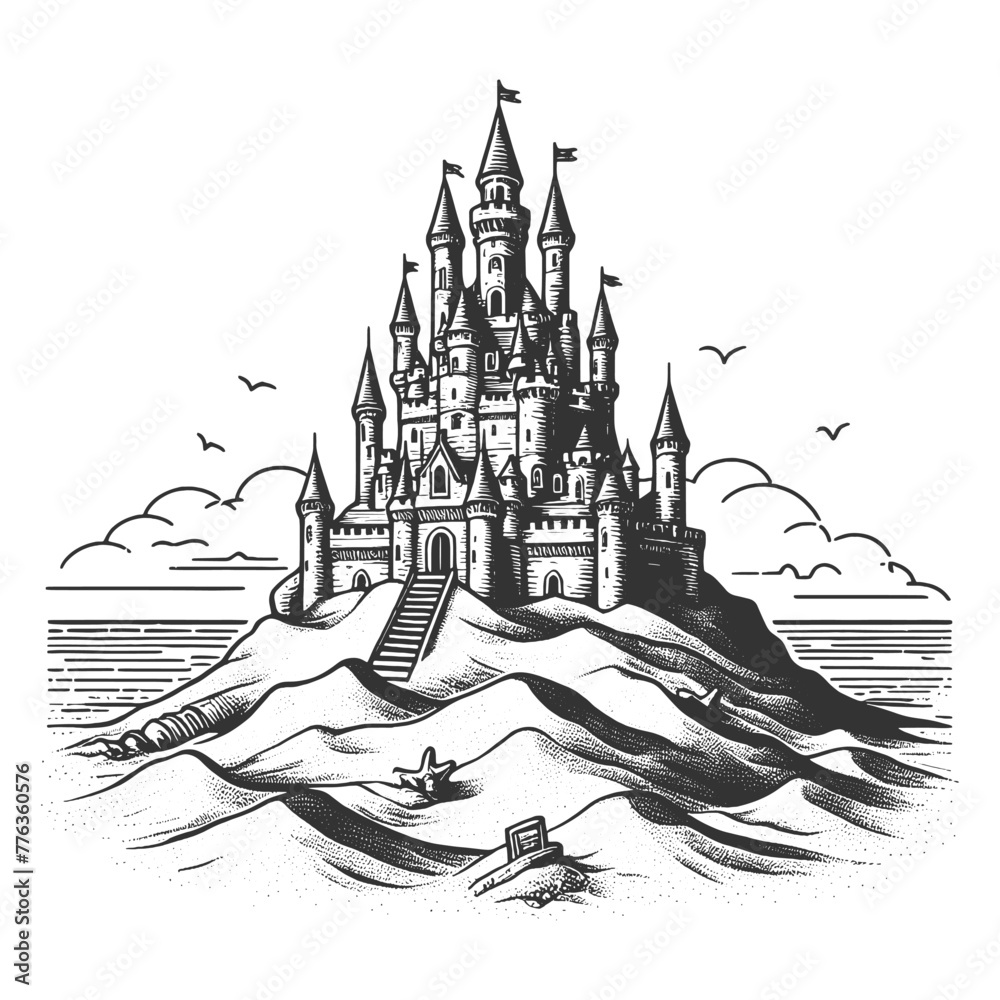sand castle sketch engraving generative ai fictional character vector illustration. Scratch board imitation. Black and white image. sand castle sketch engraving generative ai fictional character vector illustration. Scratch board imitation. Black and white image.